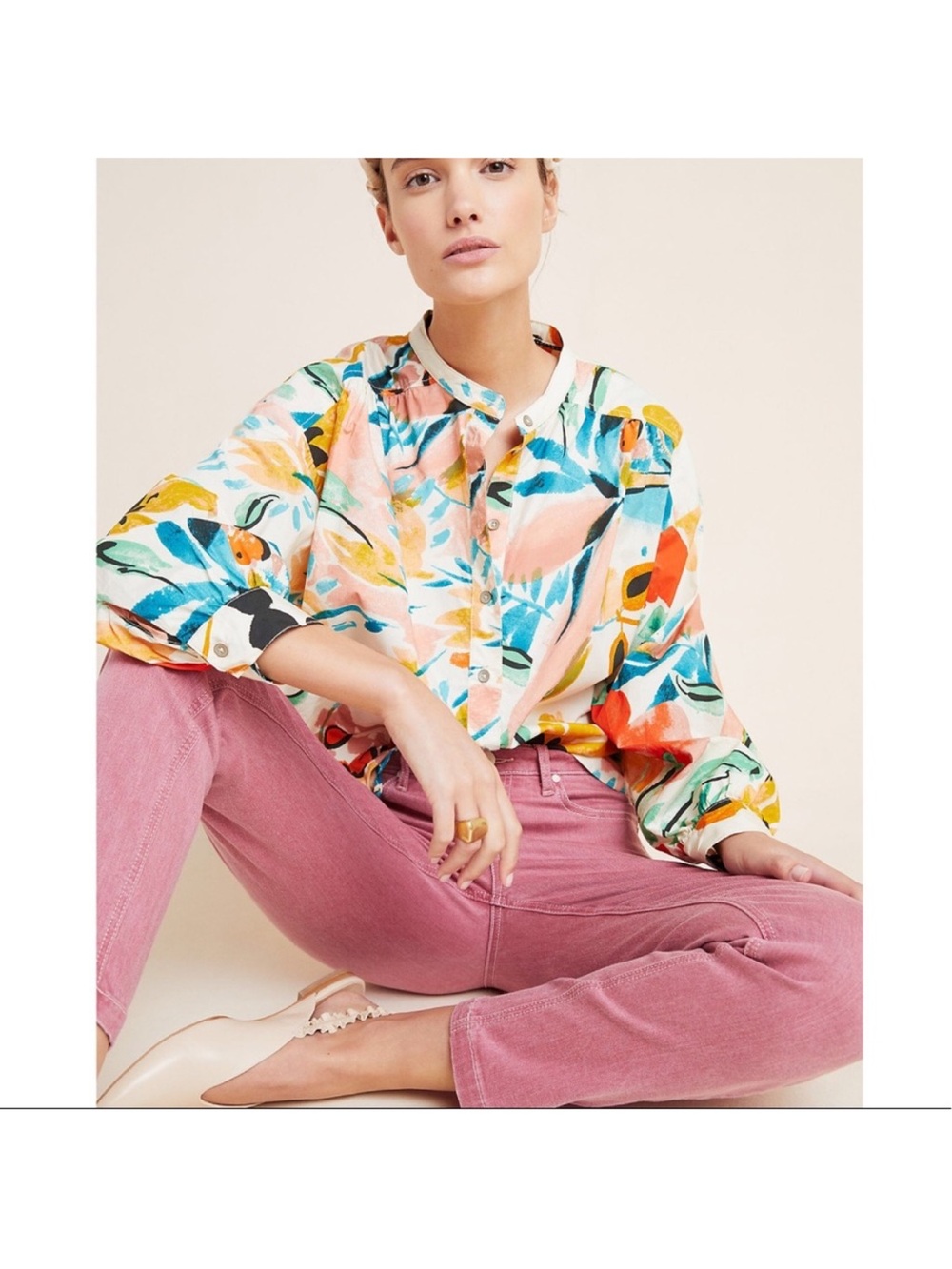 Anthropologie Crisanta 100% Cotton Poplin Buttondown Floral Abstract Print